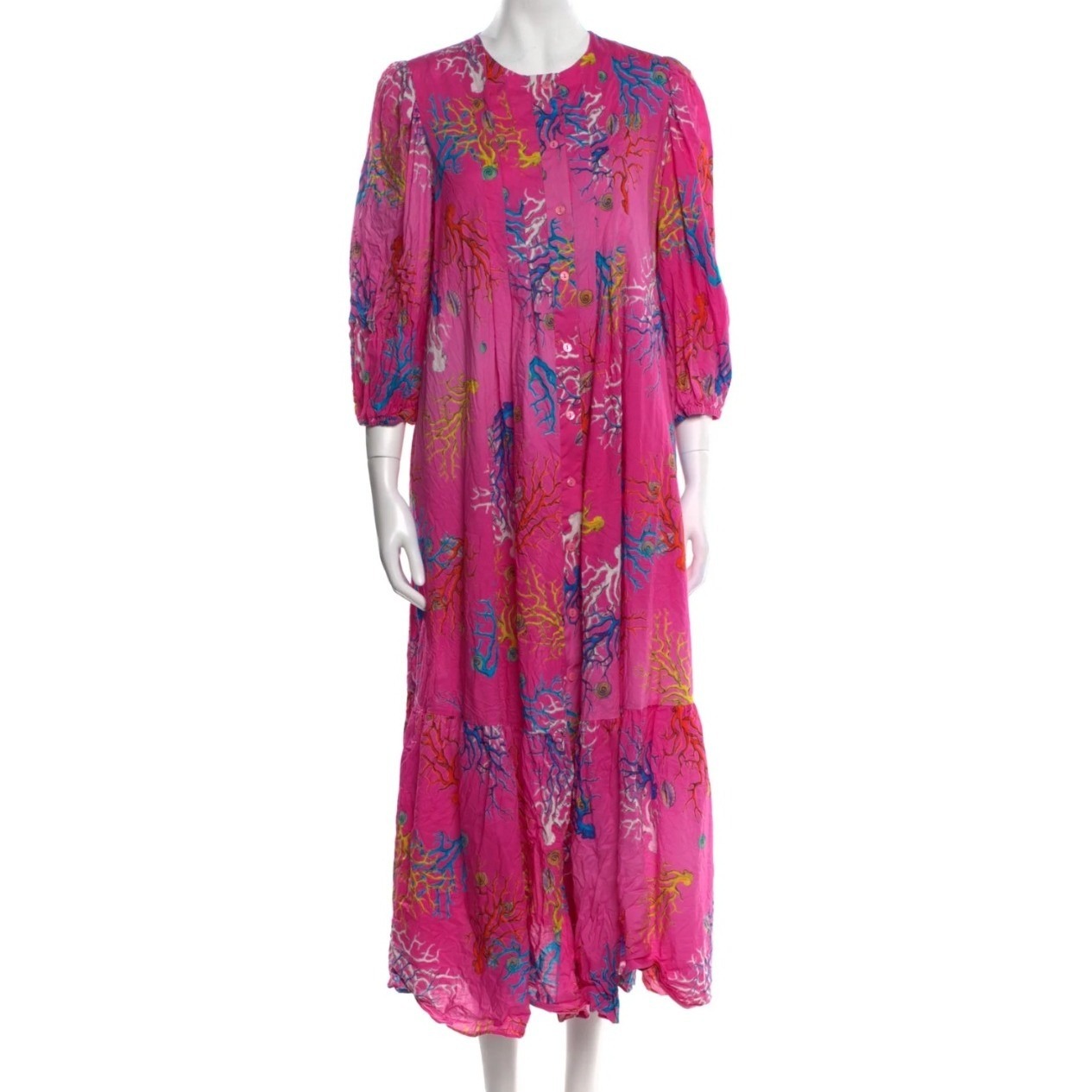 Cynthia Rowley Pink Coral Reef Print Cotton Tiered Maxi Dress Small Beach Summer